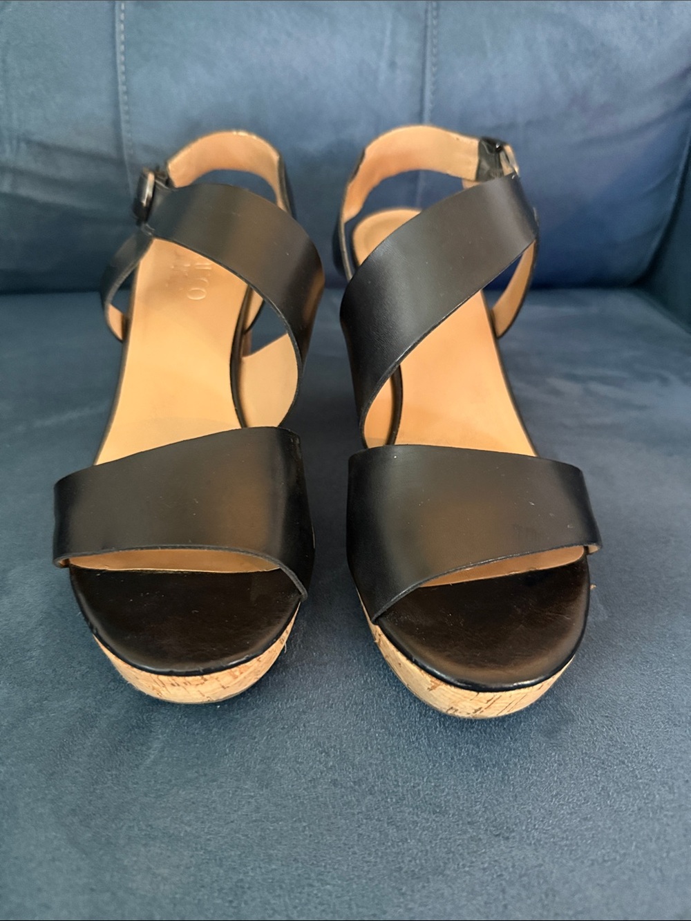 Black Cork Wedge Sandals - Women's Platform Heels 8.5